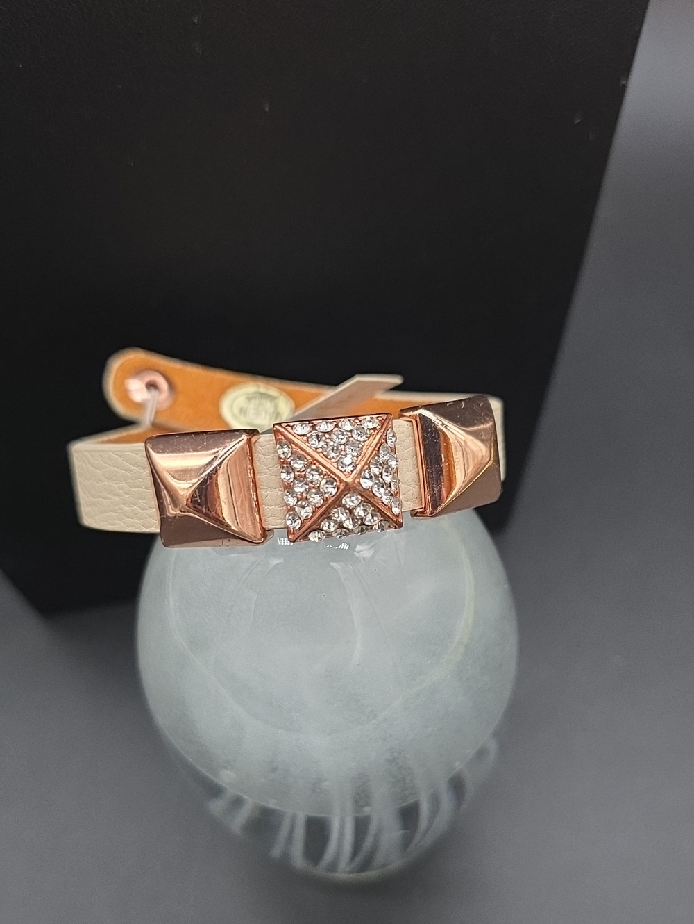 Charming Charlie Elegant Beige Leather and Rose Gold Crystal Accent Bracelet